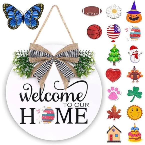 Interchangeable Welcome Sign - Wooden Welcome Wreath with 16 Holiday Icons - Picture 7 of 7